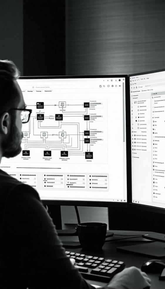 A blackandwhite photo of a cybersecurity professional reviewing a network diagram and system inventory on a dualmonitor setup in a modern office Technical audit notes are visible on screen Dim ambient light collaborative workspace in background