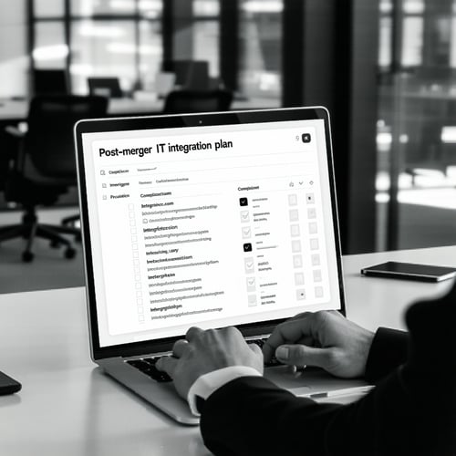 A black and white photo of a professional reviewing a postmerger IT integration plan on a laptop in a modern office The screen shows a compliance checklist Glass walls and minimal tech workspace in background Focused collaborative atmosphere